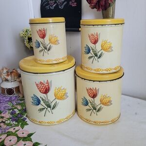 Vintage 1950s Decoware nesting Tin Canister set With Tulips 4